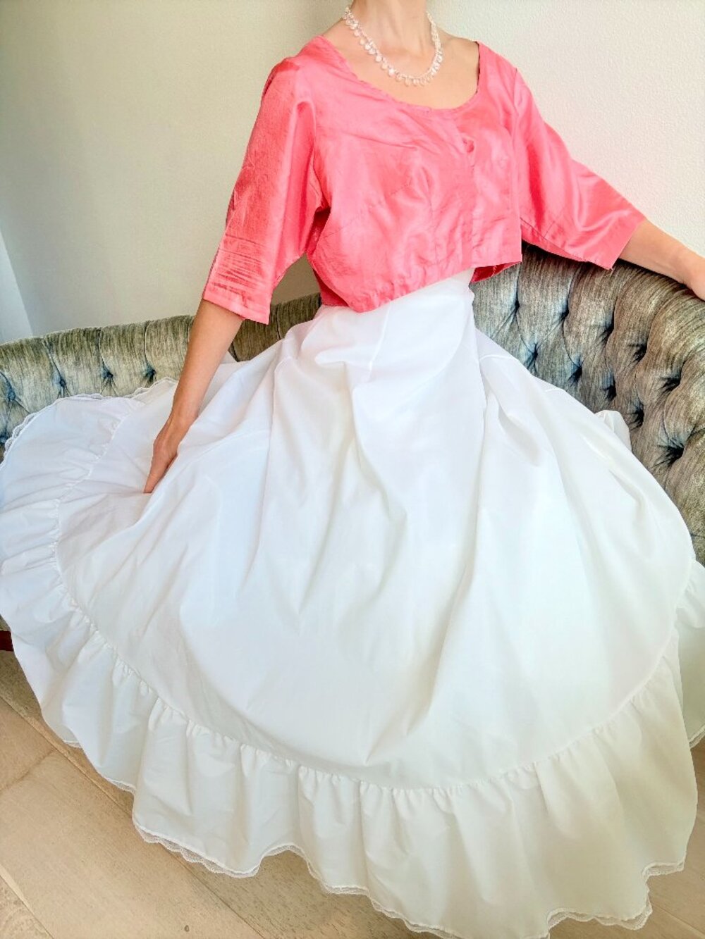 Vintage High Waisted Petticoat Small White Prairie Full Skirt Ruffle